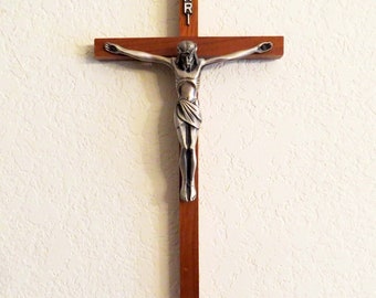 Vintage Pewter Jesus Christ INRI Walnut Wood Cross - Catholic Christian Art