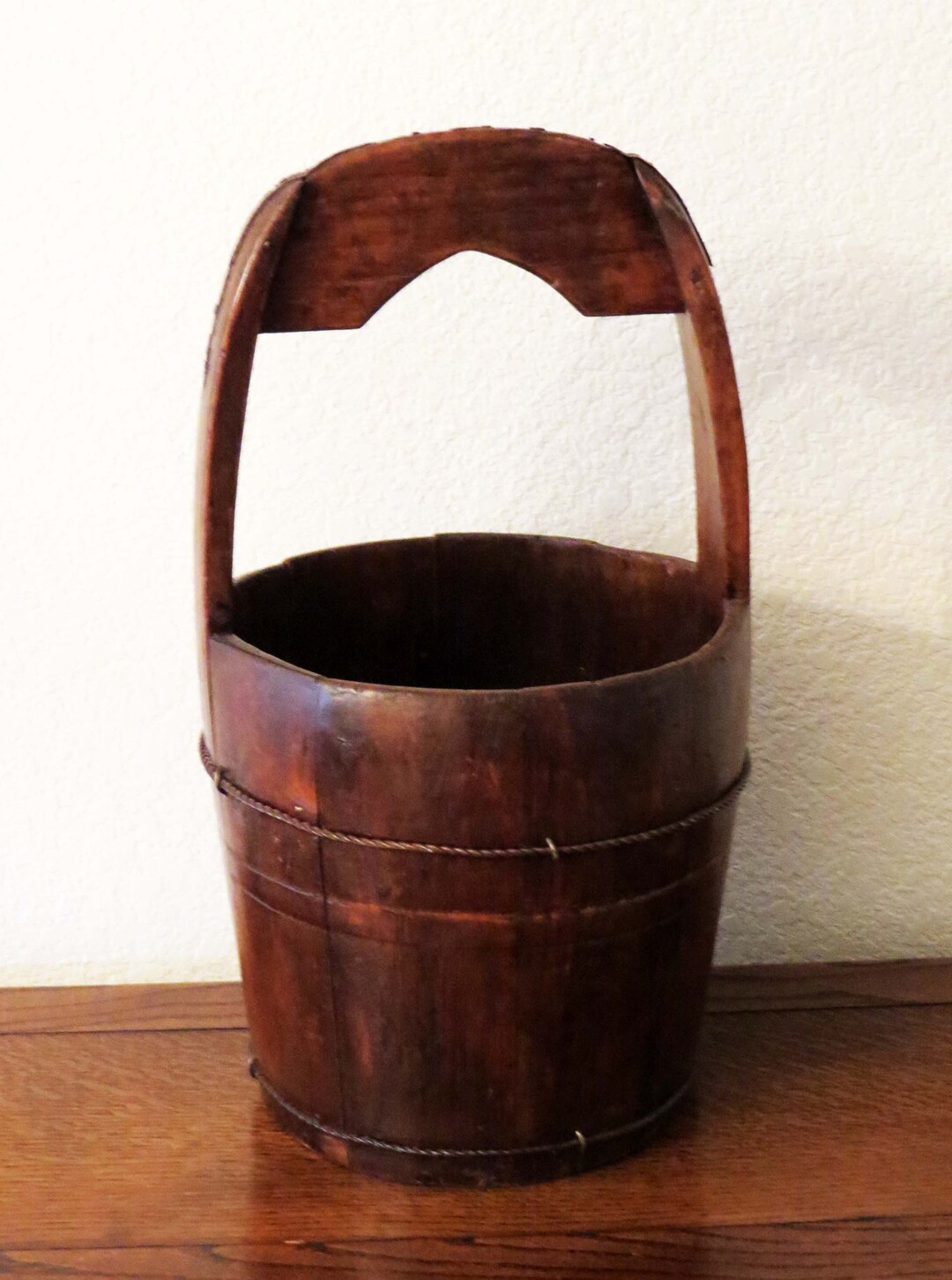 Vintage Primitive Wood Water Wellbucket With Wood Handle / Primitive