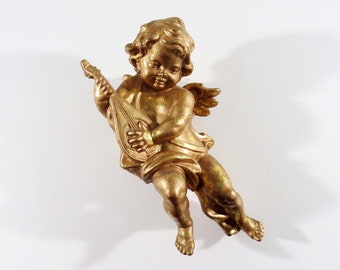 Vtg Large 10" GOLD CHERUB ANGEL w Lute - Hollywood Regency Style Christmas Ornament / Mid Century Christmas Ornament - Wall Decor