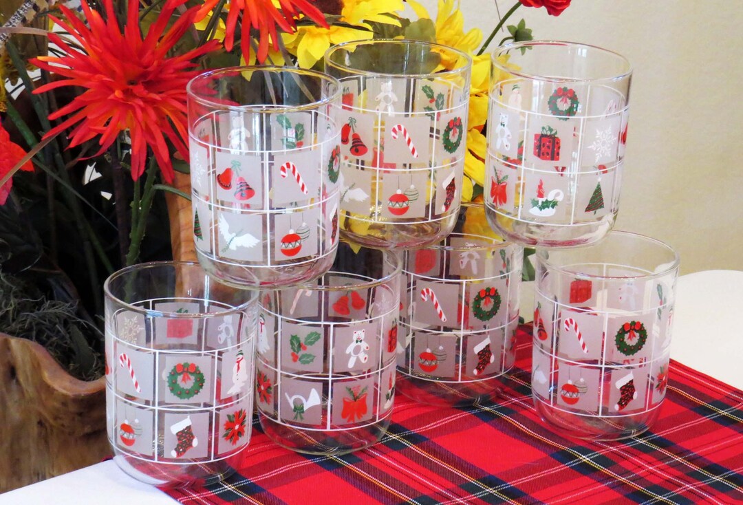 Vtg LIBBEY Christmas Window LOW BALL Drink Glasses Lot/7 Etsy