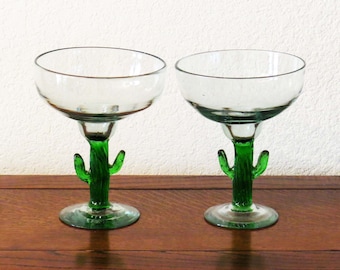 Pair of Hand Blown CACTUS MARGARITA GLASSES -7&quot; Tall Art Glass Mexican Martini Glasses / M C M Barware