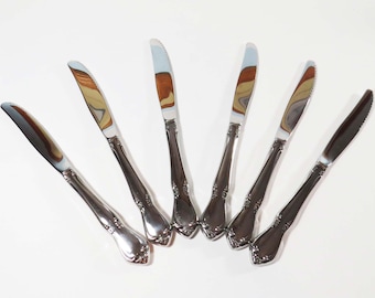 Oneidacraft CHATEAU DELUXE Set/6 Stainless 8.5&quot; Dinner Knives with Wavy Edges / Oneida, NY