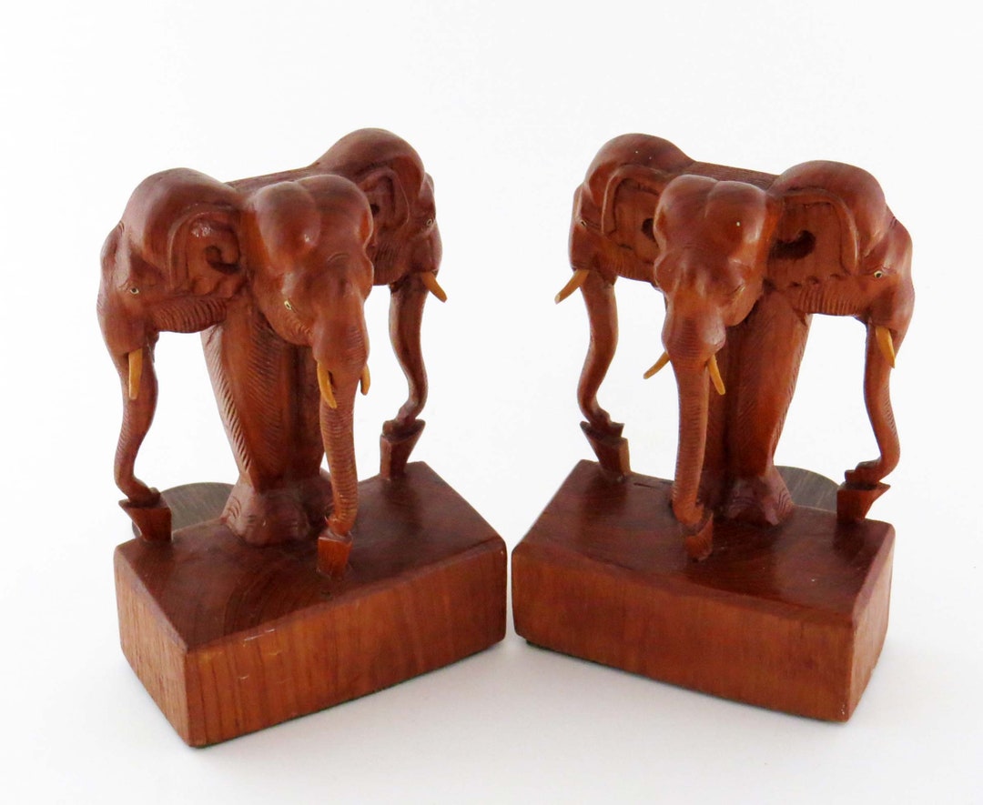 RARE Teak Elephant Head & Tusks Bookends W 3 Elephant Heads Handcarved