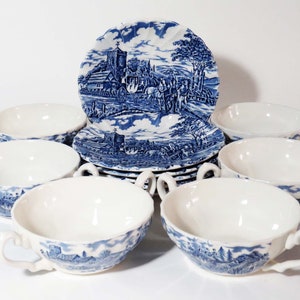 RARE Vtg. MYOTT STAFFORDSHIRE Royal Mail Blue Set of 6 &quot;Flat Cream Soup Bowls & Saucers w 2 Handle Bowls, Swirled Plates / Made in England