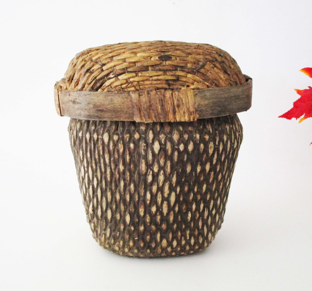 Antique ASIAN Willow FISH BASKET W Lid From Lacquered Natural Willow