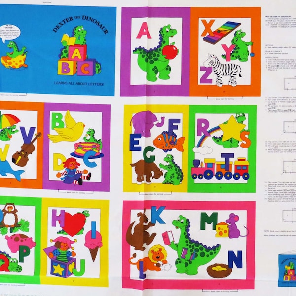 VIP Cranston Print Works: "DEXTER The DINOSAUR Learns About Letters" - A Learning Book Fabric Panel - Cut-N-Sew Cloth Book w Instructions