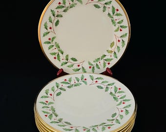 Lenox Holiday DIMENSIONS Holly, Berries, & Gold Trim Christmas Set/6 SALAD/DESSERT Plates