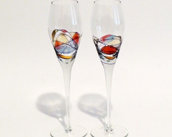 Vintage ROMANIAN MILANO CRYSTAL Tall Wine Glasses - Set of 2 / 10" Tall Glasses with Burgundy, Blue, Red and Gold color