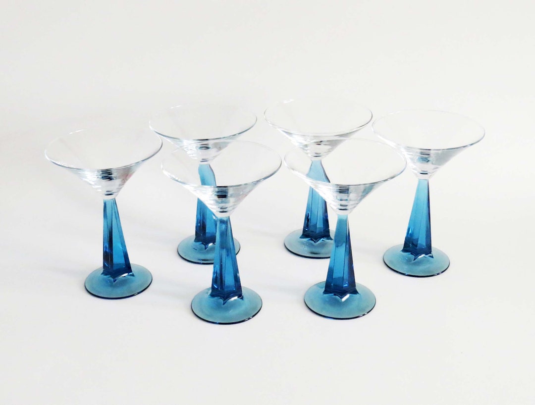 Vintage BOMBAY SAPHIRE BLUE Squared and Twistedstem Martini Glasses