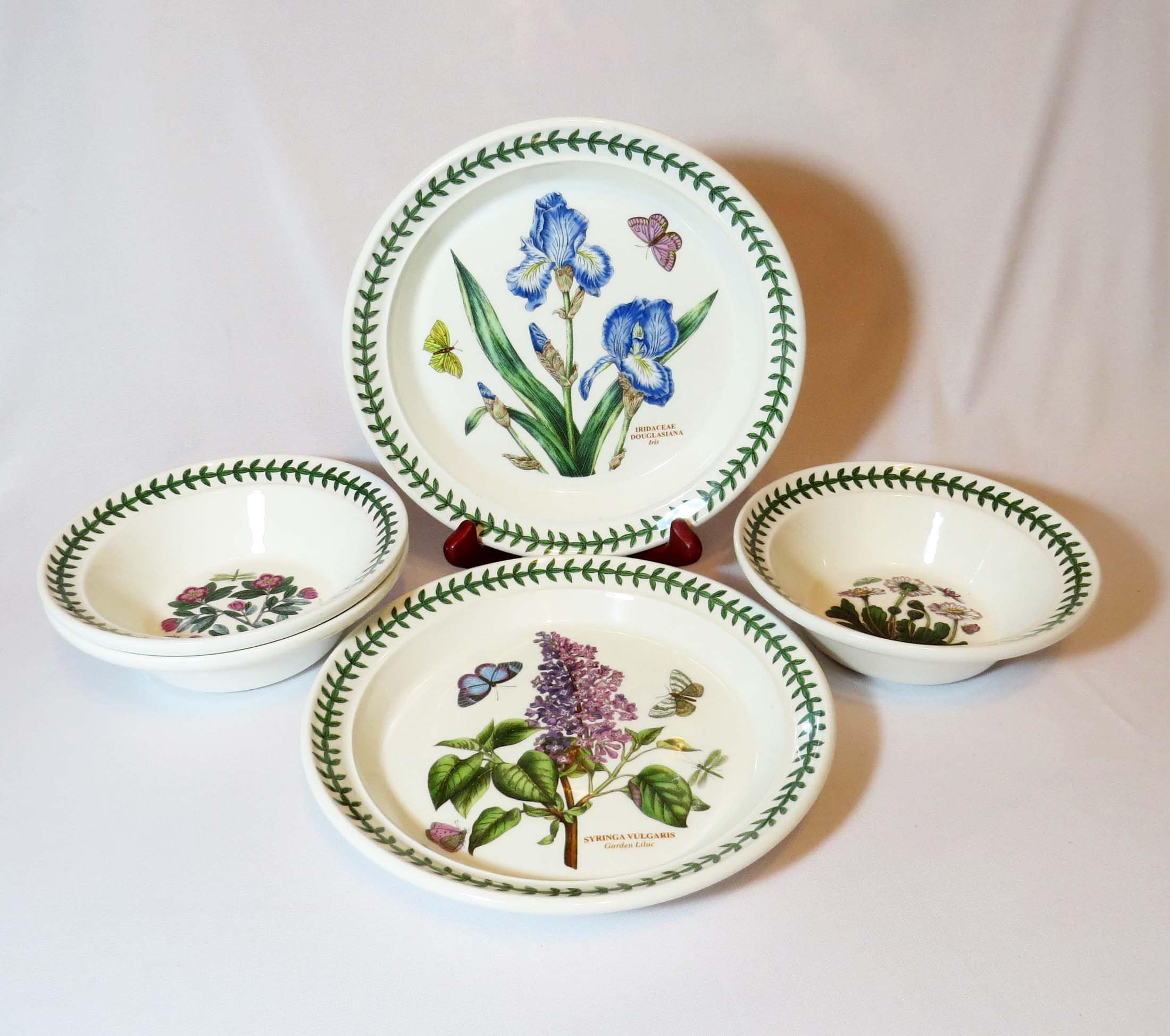 Portmeirion BOTANIC GARDEN Set of 5 / Includes 2 Salad Plates & 3 Cereal  Bowls: Garden Lilac, Iris, Daisy and 2 Rhododendrons 