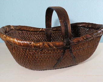 Sale! Vtg CHINESE MARKET BASKET - Mid 20th Century w Woven Reeds, Bentwood Handle & Metal Straps, Signed, Handcrafted 24" Long / Asian Decor