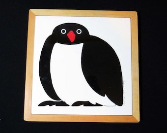 Vintage TAYLOR & NG PENGUIN Tile /Trivet - Wood Framed and Signed 1983 Japan / 9" Trivet