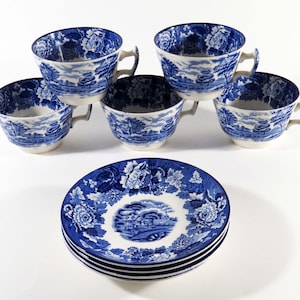 Vintage ENOCH WOODS & SONS Set/4 Blue Transferware &quot;English Scenery&quot; Cups and Saucer Sets Plus an Extra Cup