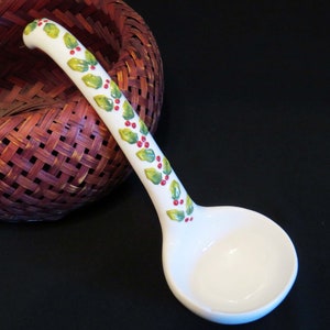 Vintage CERAMIC CHRISTMAS LADLE w Green Holly Leaves & Red Berries: 11&quot; Long / Ceramic Pottery Replacement Tureen Ladle
