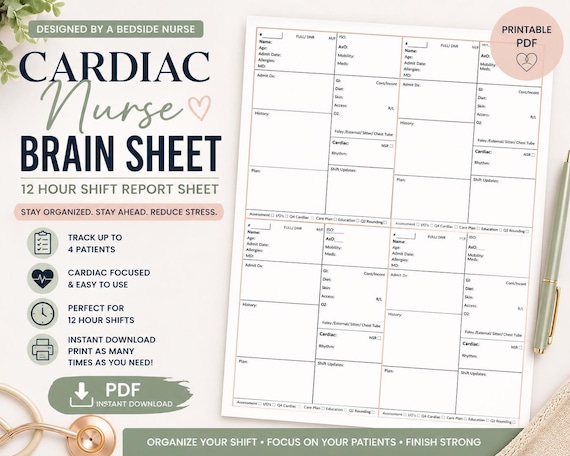 Realistic Cardiac Nurse Brain Sheet | 12-Hour Shift Organizer for Telemetry & Stepdown Nurses