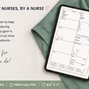 May include: A digital brain sheet for nurses, with a black border, filled with sections for patient information. A pink stethoscope and a cup of coffee are next to the tablet. The text reads "MADE FOR NURSES, BY A NURSE".