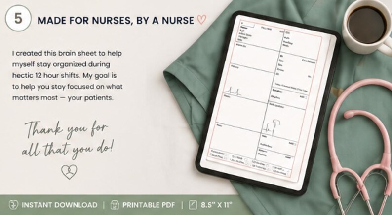 May include: A digital brain sheet for nurses, with a black border, filled with sections for patient information. A pink stethoscope and a cup of coffee are next to the tablet. The text reads "MADE FOR NURSES, BY A NURSE".