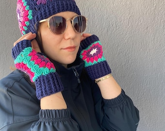 Conjunto de gorro bohemio y guantes sin dedos tejidos a mano