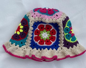 Colorful Crochet Bucket Hat, Handmade Granny Square Hat, Boho Style Beanie