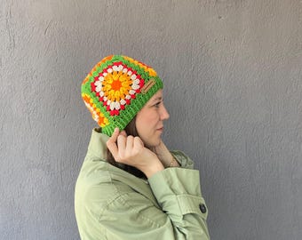 Hand-Knitted Granny Square Beanie - Green Base with Autumn Flower Motifs