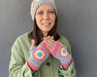Handmade Granny Square Crochet Beanie and Fingerless Gloves Set