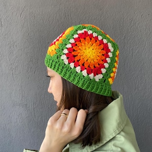 Hand-Knitted Granny Square Beanie - Green Base with Autumn Flower Motifs