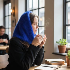Puede incluir: Una mujer con una capucha azul vibrante y esponjosa, sosteniendo una taza blanca. Está sentada en una mesa en un café, con un cuaderno y libros cerca. Sale vapor de la taza, sugiriendo una bebida caliente.
