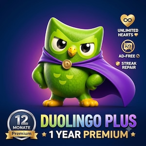 Op de afbeelding: Een groene uilfiguur met een paarse cape en een gouden medaillon met de letter D. De tekst bevat UNLIMITED HEARTS, AD-FREE, STREAK REPAIR, 12 MONATE Premium, DUOLINGO PLUS en 1 YEAR PREMIUM. De uil heeft gele voeten en een gele snavel.