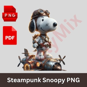 May include: A digital image of Snoopy in a steampunk outfit, with a brown aviator helmet and goggles, standing on a metallic airship. The image includes the text "Steampunk Snoopy PNG" and red PNG and PDF file icons.