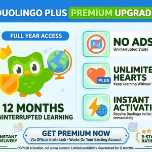 May include: A Duolingo Plus premium upgrade graphic featuring the green owl mascot holding a globe and shield. Text includes Duolingo Plus Premium Upgrade, Full Year Access, 12 Months Uninterrupted Learning, No Ads, Unlimited Hearts, and Instant Activation.