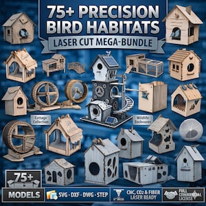 May include: A collection of laser-cut bird habitats, including birdhouses, feeders, and wildlife enclosures. The image features various designs, including a cottage collection and a multi-tiered structure. Text on the image reads "75+ Precision Bird Habitats Laser Cut Mega-Bundle."