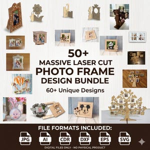May include: A selection of laser-cut photo frame designs in various styles. The image displays a range of frames, including floral, castle, and tree designs. The text reads "50+ Massive Laser Cut Photo Frame Design Bundle".
