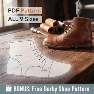Puede incluir: Una bota de cuero marrón y un patrón de zapato sobre una mesa de madera. El patrón incluye medidas en mm y etiquetas como "borde en bruto" y "costura de 3 mm". El texto en la parte superior dice "PDF Pattern ALL 9 Sizes."