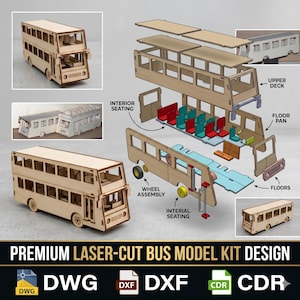 Puede incluir: Un kit de modelo de autobús de dos pisos de madera cortada con láser. La imagen muestra el modelo ensamblado, junto con una vista explosionada de las piezas. El kit incluye asientos interiores, montaje de ruedas y planos de planta. El texto en la parte inferior dice "PREMIUM LASER-CUT BUS MODEL KIT DESIGN".