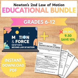 May include: Educational bundle for grades 6-12 on Newton's 2nd Law of Motion. Includes a laptop graphic with "Motion & Force" text, worksheets, and a "Save 15%" graphic. Instant download PDF.