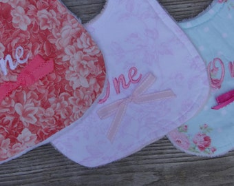 Floral First Birthday Bib, Embroidered "One", Cake Smash Bib