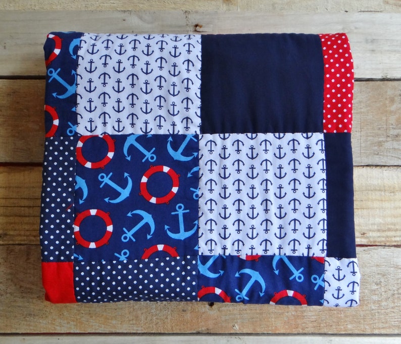 /& Blue White Baby Boy Quilt ~ Baby Quilts Handmade ~ Red Sailor Baby Quilt ~ Nautical Nursery ~ Baby Nautical Anchor