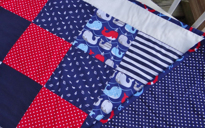 /& Blue White Baby Boy Quilt ~ Baby Quilts Handmade ~ Red Sailor Baby Quilt ~ Nautical Nursery ~ Baby Nautical Anchor