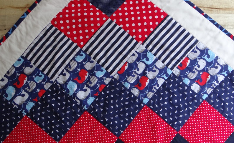 /& Blue White Baby Boy Quilt ~ Baby Quilts Handmade ~ Red Sailor Baby Quilt ~ Nautical Nursery ~ Baby Nautical Anchor