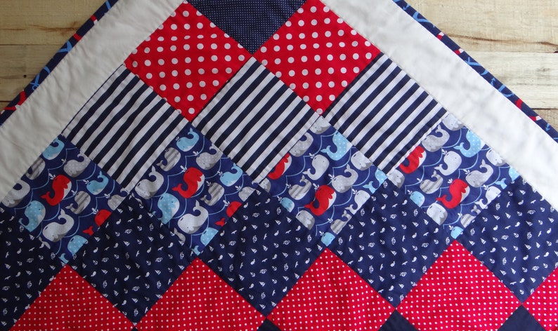 /& Blue White Baby Boy Quilt ~ Baby Quilts Handmade ~ Red Sailor Baby Quilt ~ Nautical Nursery ~ Baby Nautical Anchor