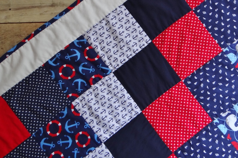 /& Blue White Baby Boy Quilt ~ Baby Quilts Handmade ~ Red Sailor Baby Quilt ~ Nautical Nursery ~ Baby Nautical Anchor