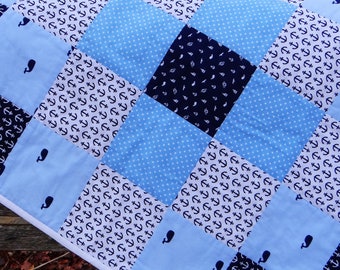 Baby Boy Quilt ~ Baby Quilts Handmade ~ Light & Navy Blue, and White, Nautical, Ocean Baby Quilt ~ Nautical Nursery ~ Whale Baby Quilt