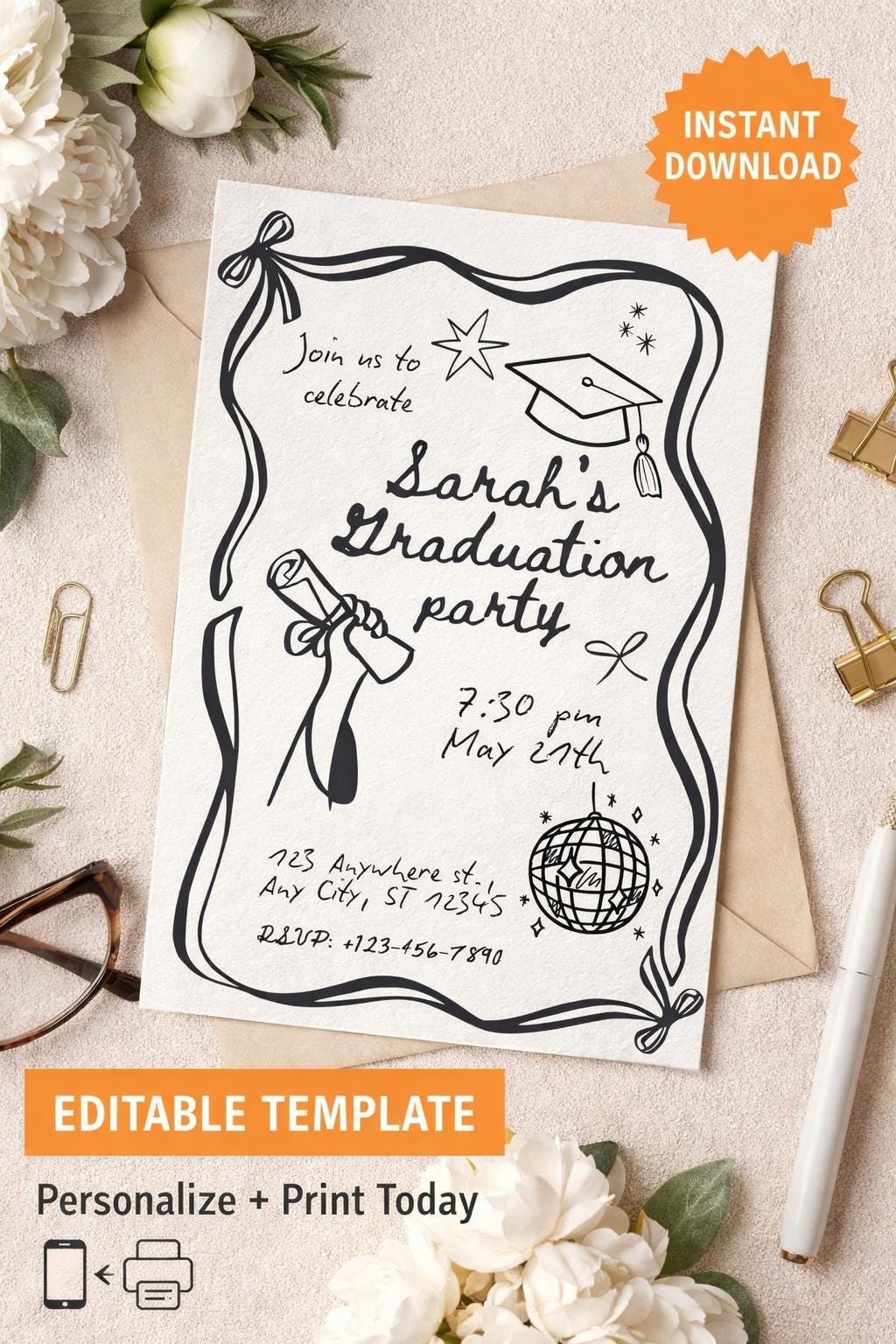 Grad Party Invite Script Graduation Party Invitation Template | Modern Script Grad Invite ...