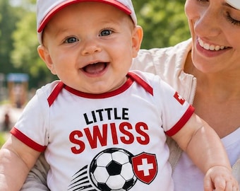 Little Swiss Fan Baby Bodysuit, Switzerland Soccer Football Infant Ringer Tee, Swiss Cross Shield Red White Newborn Gift Apparel