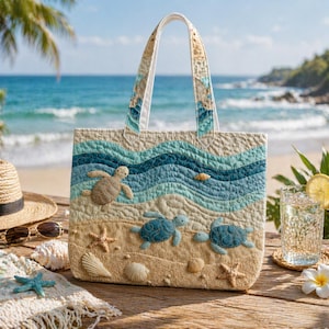 May include: A quilted beach tote bag with a beach scene design. The bag features appliqued turtles, seashells, and starfish on a sand-coloured background with blue and teal waves. The handles are a light beige with a seashell pattern.