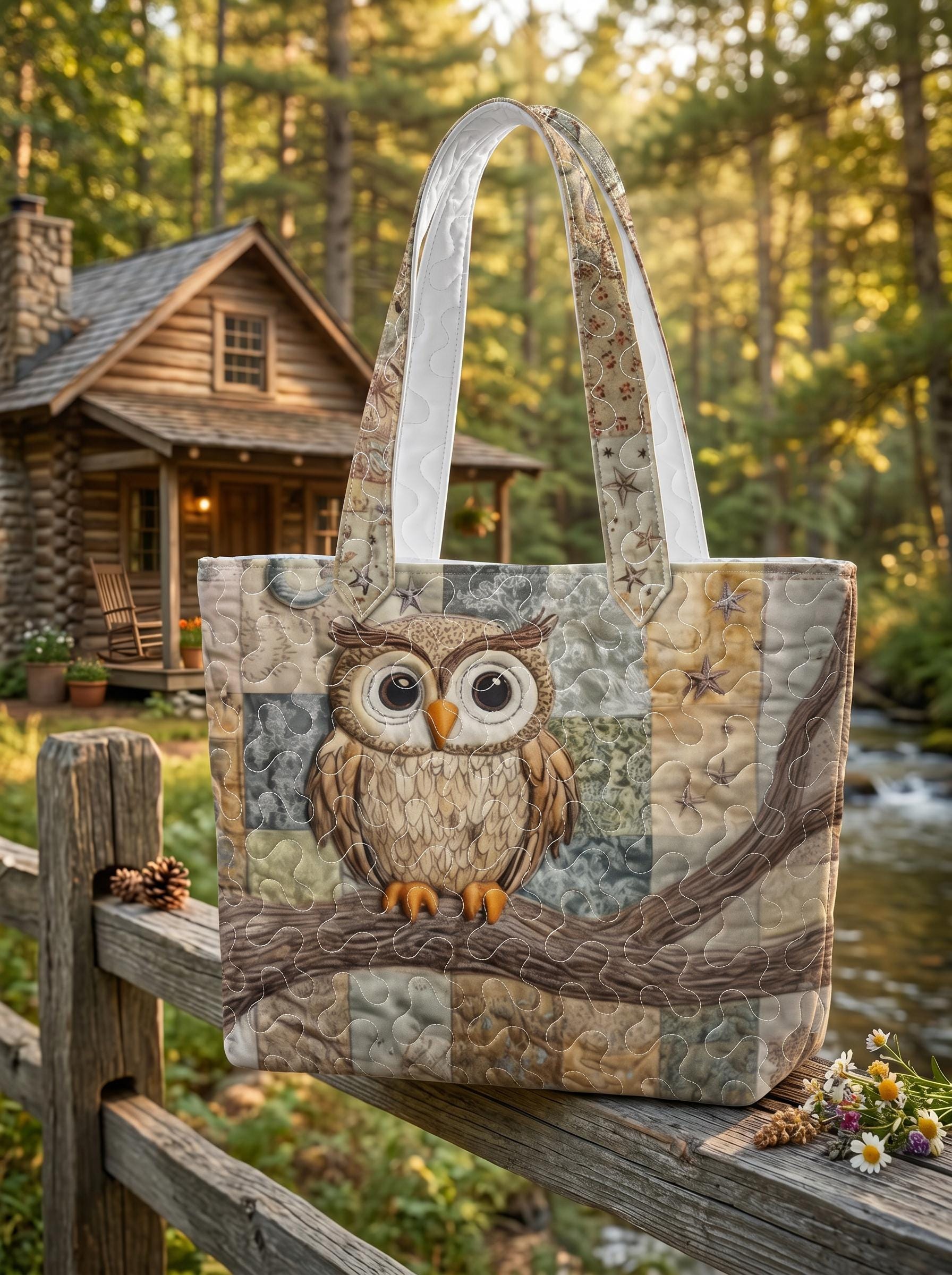 Personalized Owl Quilted Tote Bag, Colorful Owl Quilt Purse, Owl Lover Gift, Nature Animal Quilt Han