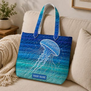 Personalized Sea Jellyfish Quilt Tote Bag Ocean Waves Quilted Patchwork Vintage Coastal Marine Life Summer Travel Shopping Bag