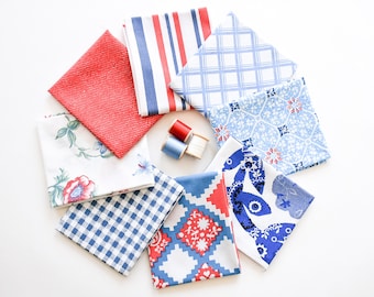 Vintage Sheet Fat Quarter Bundle: Red, White & Blue Quilting Fabric