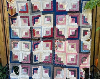Antique Log Cabin Quilt Top - Hand Stitched Cutter Quilt Flimsy (70” x 78")