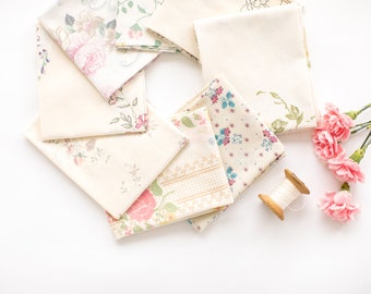 Vintage Floral Sheet Fat Quarter Bundle, Cream & Beige Fabric for Quilting